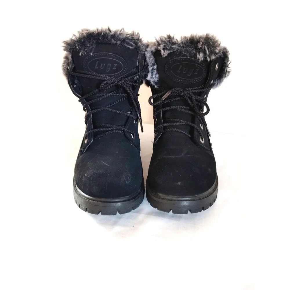 EUC-Lugz Convoy Women 8 Black Faux Fur Lace‑Up Western Winter Chunky Ankle Boots